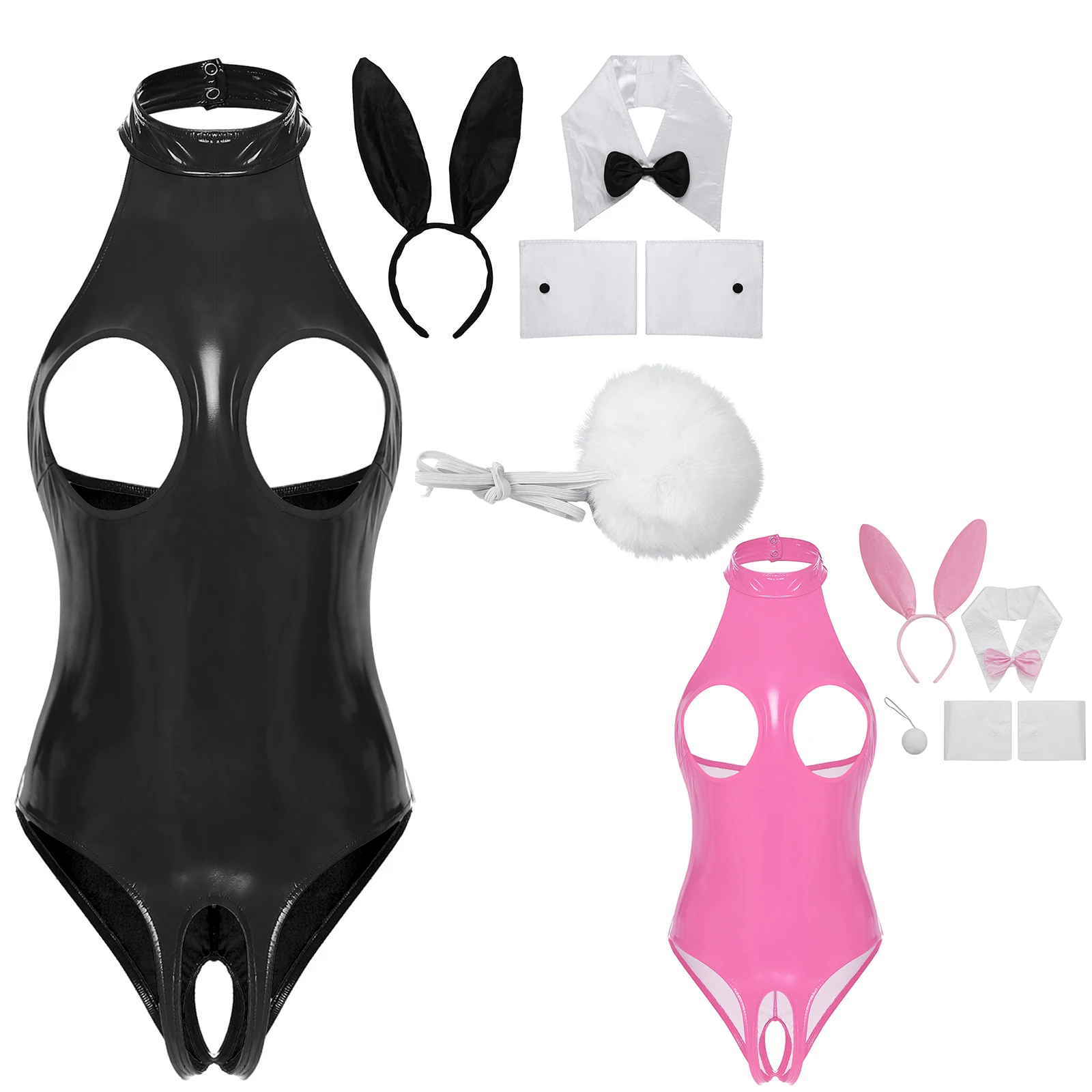 Bunny Girl Cosplay Costume PU Leather Open Cup Crotchless Backless Bodysuit Rabbit Suit Kawaii Ears Anime Outfit for Womens