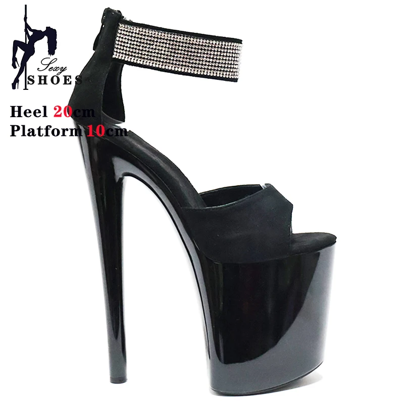 20cm/8inchs High-heeled Sandals Women\'s Summer Strap Thin Heel Black Sandals Stripper Pole Dance Dress Models Nightclub Shoes