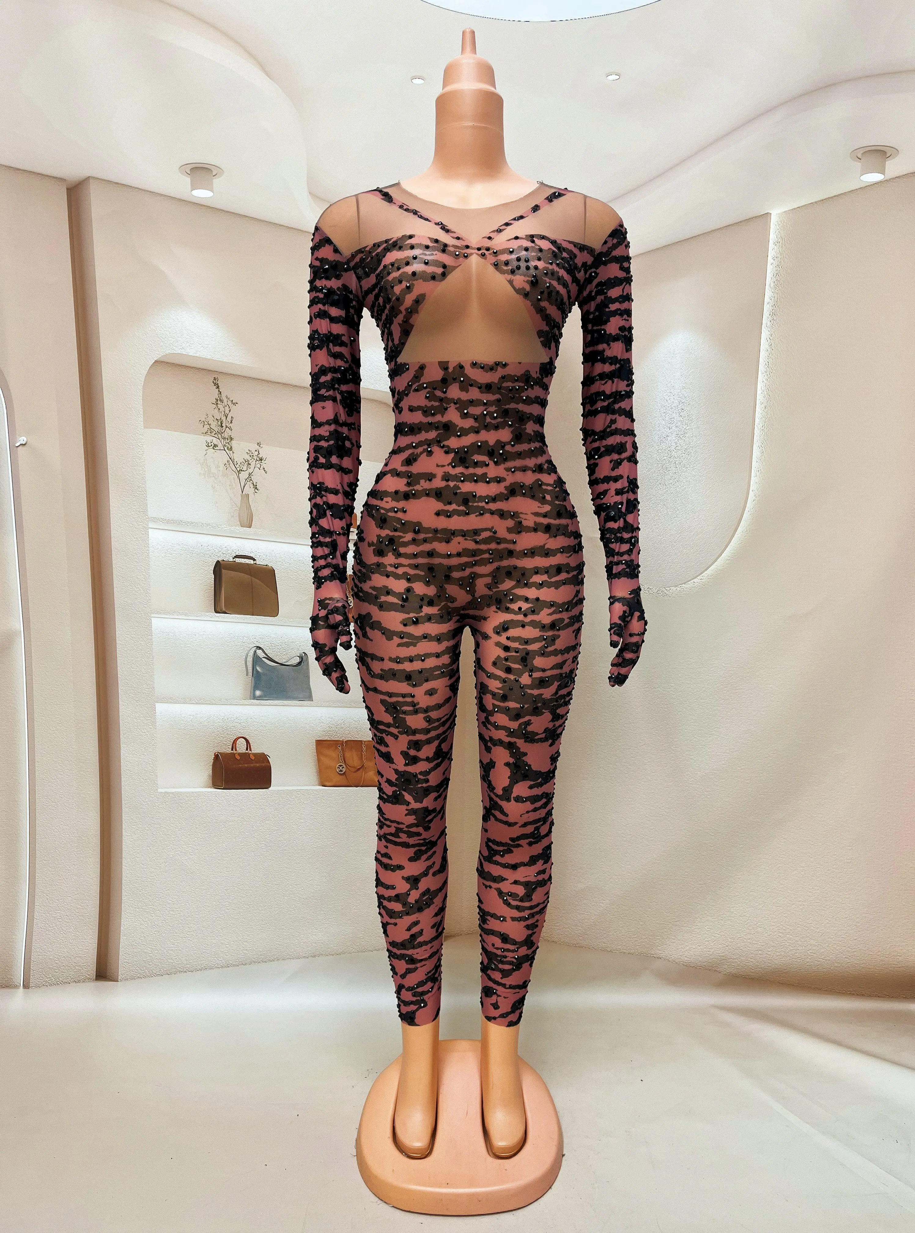 Sexy Leopard Black Rhinestones Jumpsuit Birthday Celebrate Dance Stretch Outfit Prom Singer Bodysuit Stage Collection huwen