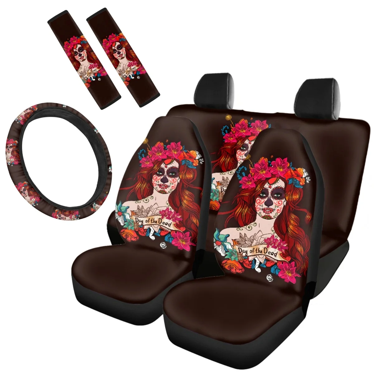 Halloween Decoration Zombie Gothic Girl Flower Pattern 7Pcs Vehicle Clean Protector  SeatBelt Steering Wheel Covers Custom Image