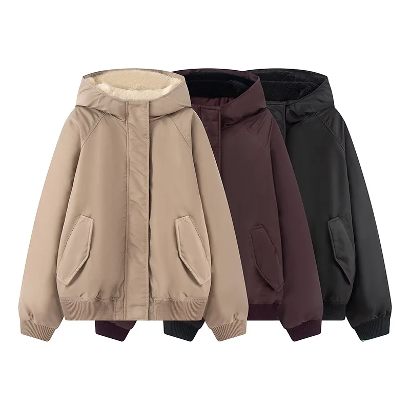 Beige Burgundy, Black Options, Warm Winter Coat with Pockets Women's Fleece-Lined Hooded Jacket