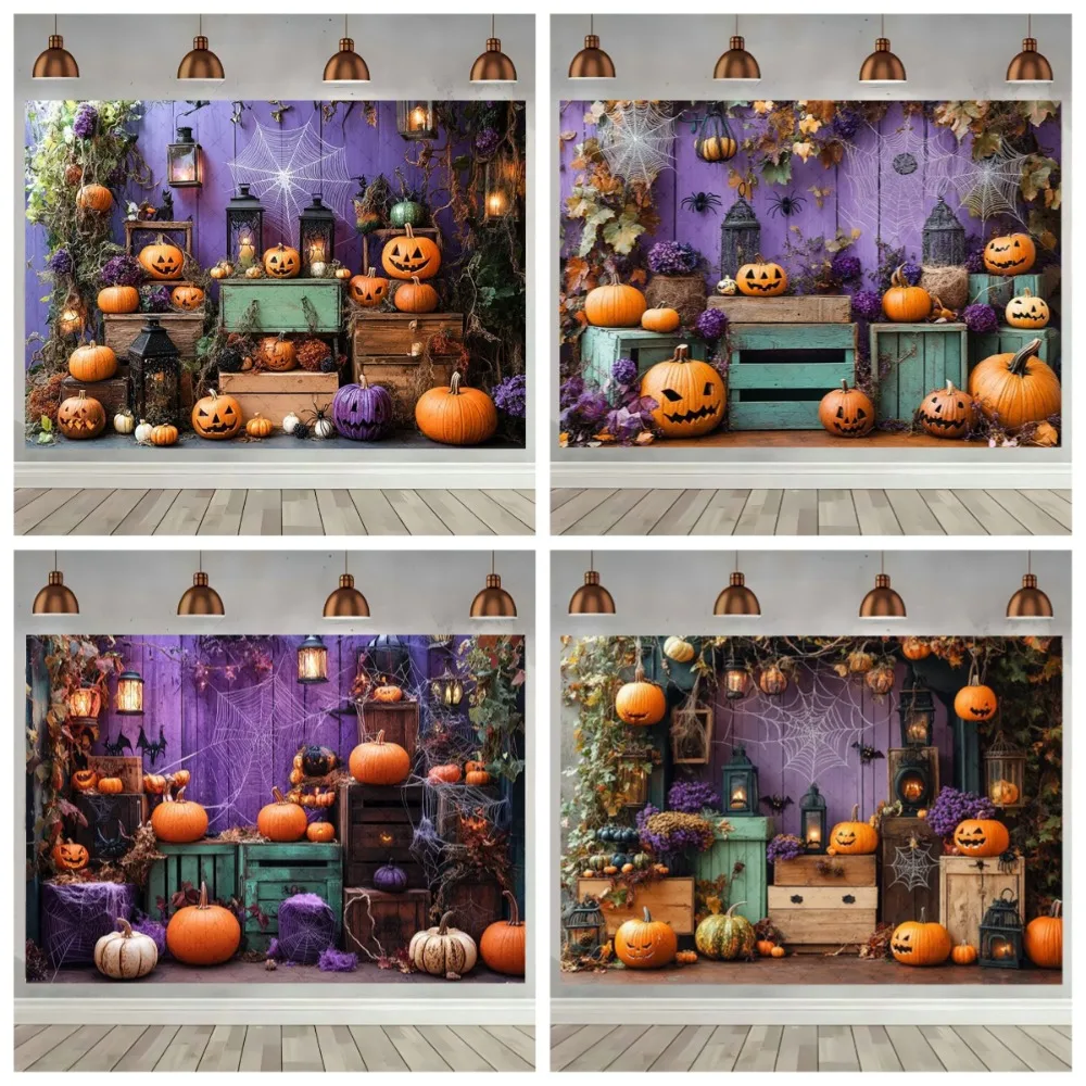 

Halloween Party Decor Banner Backdrop Purple Creepy Scary Bat Pumpkins Kdis Portrait Photography Background for Photo Studio