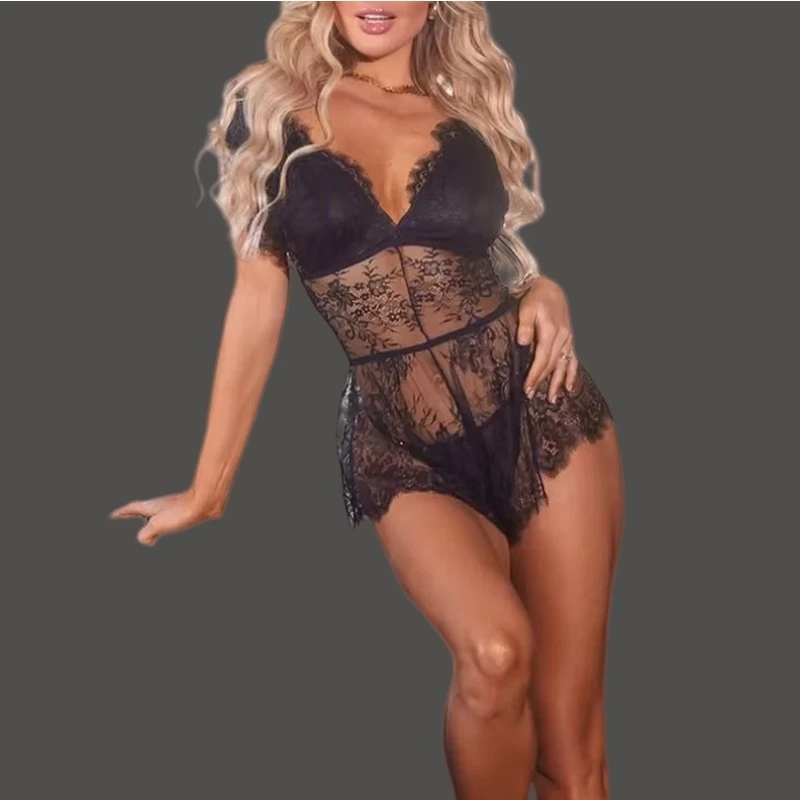 

Exquisite Eyelash Lace Bodysuits Thongs 2-Pieces Lingerie Sets Hot Sexy See Through Night Dress Bra & Brief Set Erotic Sleepwear