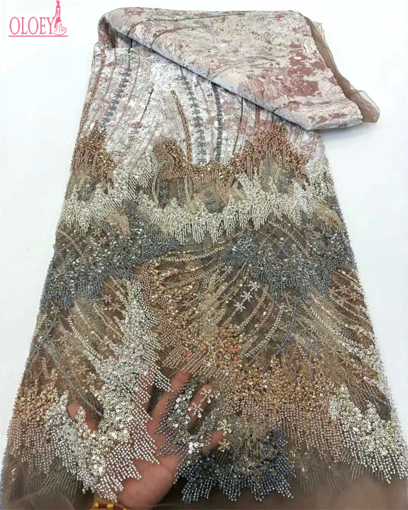 

OLOEY Luxury African Sequins Beaded Lace Fabric New High Quality Groom Nigerian Wedding Bridal Embroidery French Tulle Mat