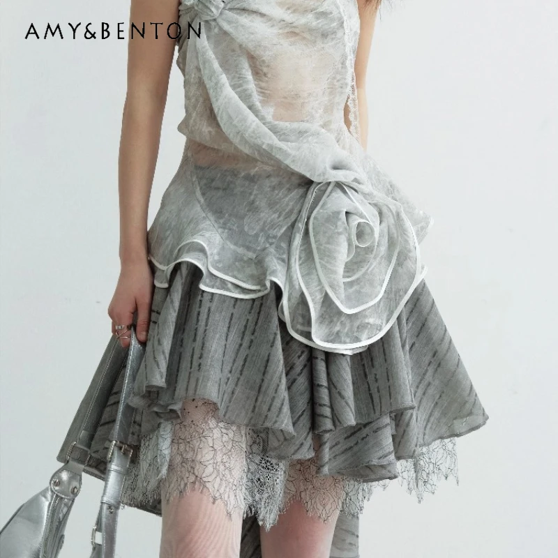 

Vintage Design Romantic Gray Lace Splicing Irregular Women's Skirt 2025 Spring Summer New Sweet Cool Pleated Half Skirts Ladies
