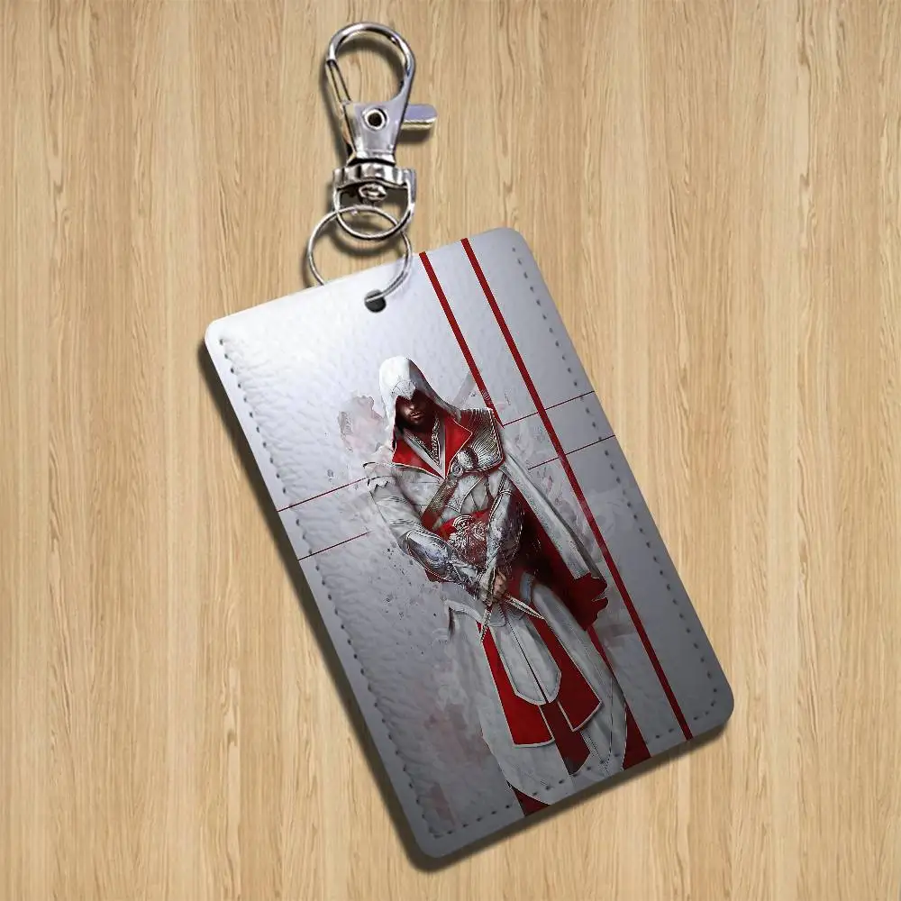 Ezio Auditore AC Assassins Creed Rectangle ID Card Case Keychain Access Card Bag Key Tag Ring Leather Card Holder Key Ring