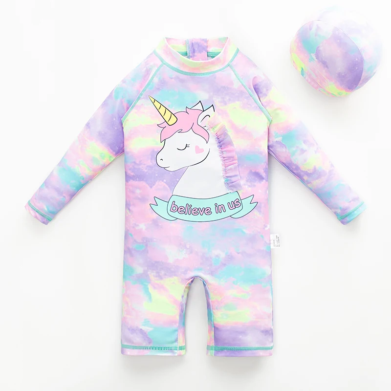 Cute Baby's One-piece Swimsuit With Hat Girl Quick Drying Swimwear Unicorn Pattern Long Sleeve Sunscreen Cartoon Swimming Suit