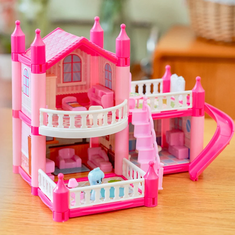 1/12 castelo casa de boneca dreamhome, casa de princesa diy, brinquedos de menina, conjunto de casa de bonecas de sonho de simulação brinquedos de menina rosa
