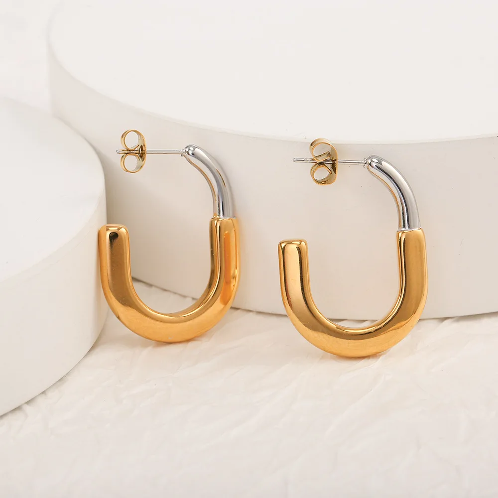 

18k Gold Stainless Steel Earrings Cold Style Distinctive Two-color Stitching Earrings Exquisite Wear Earrings Earrings Fashion I