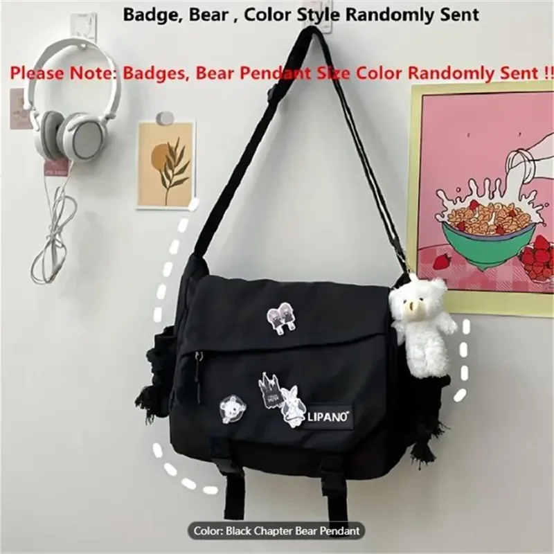 Torba Kawaii Pins Decor Messenger Bag, torba na ramię z klapką z klamrą zwalniającą, torba szkolna o dużej pojemności