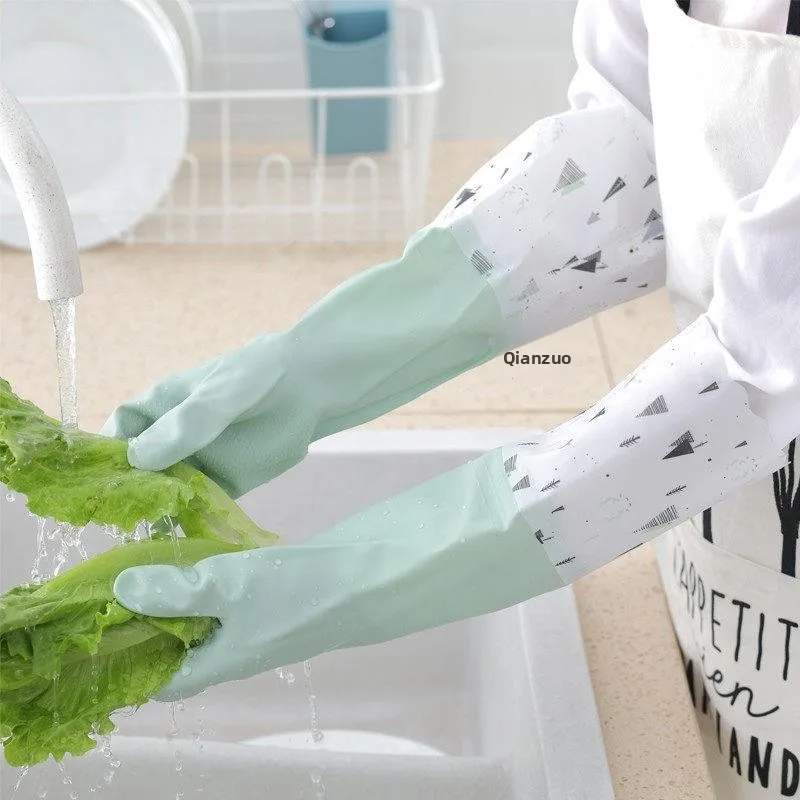 Oil-resistant Fleece-lined Kitchen Gloves Waterproof Non-slip Dishwashing Long Latex Gloves for Home Use And Household Work