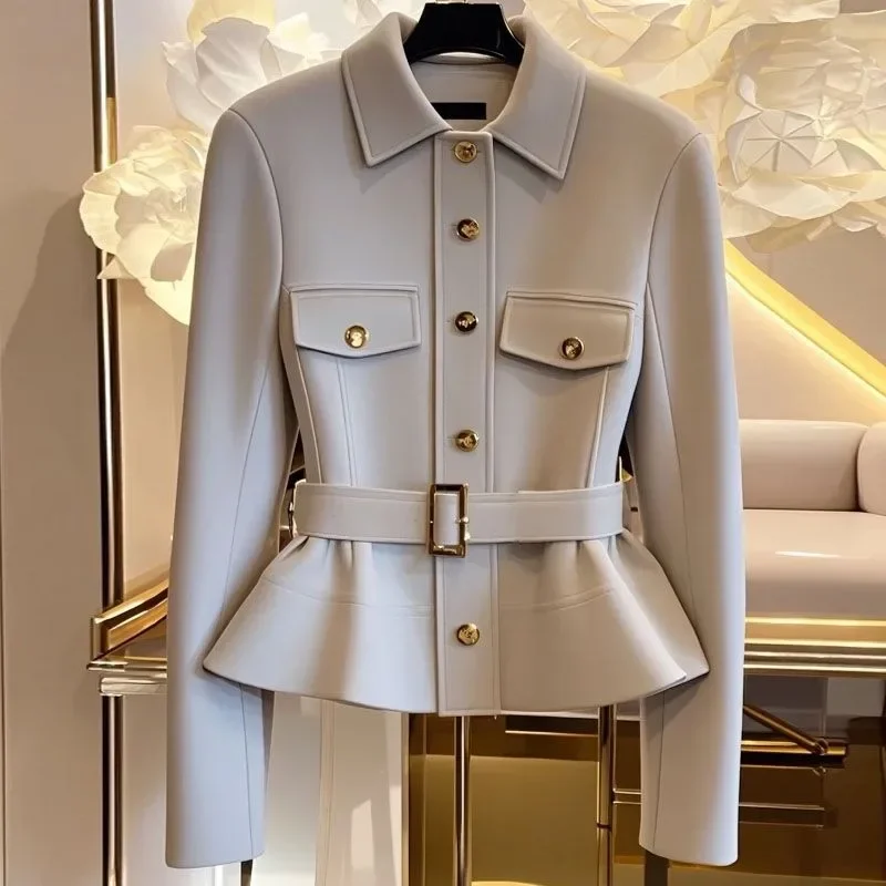 

Small Fragrance Grey Coats Women Stylish Slim Waist Belt Jacket Temperament Luxury Button Outwear Autumn Winter 581P