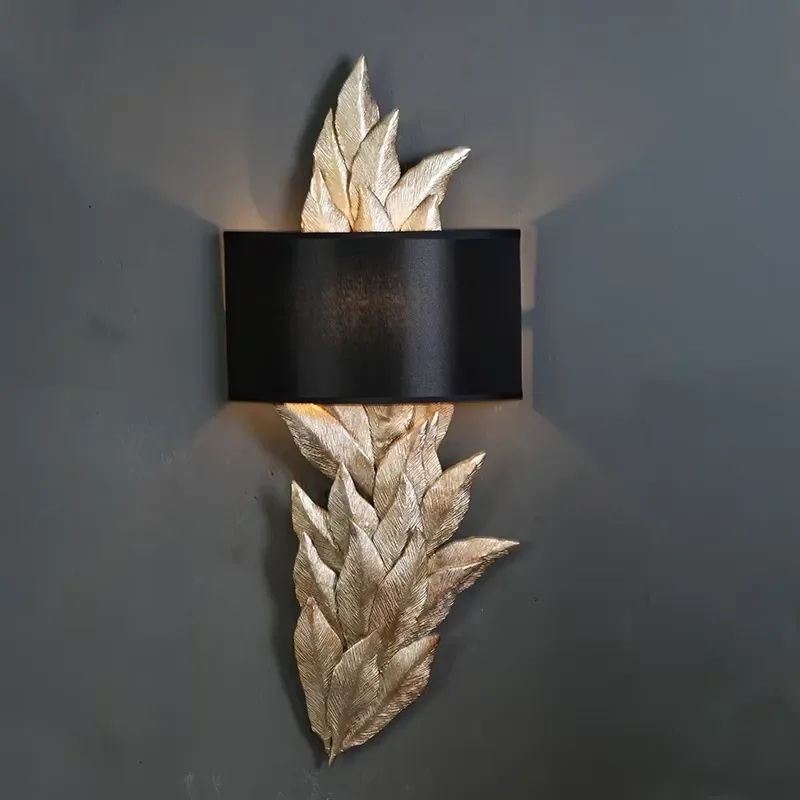 Gold Leaf Wall Sconce Black Fabric Shade Modern Decorative Wall Lamp Bedroom Living Room Home Decor Wall Light