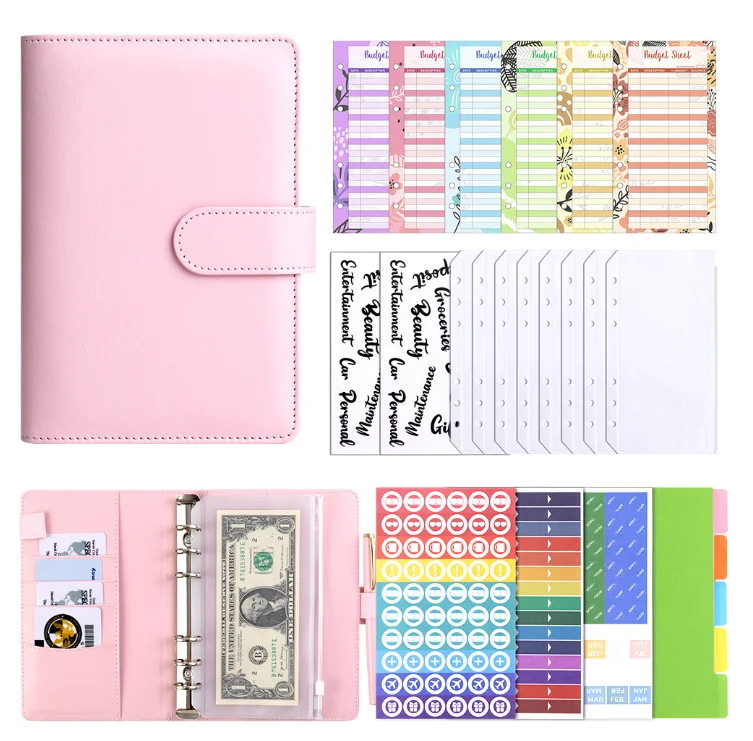 A6 Macaron PU Leather Detachable Notebook with Zipper Cover for Cash Budgeting Loose-Leaf Journal