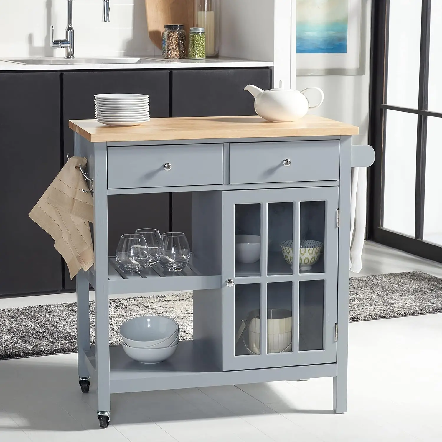 Home Collection Locklyn Grey/Natural 2-Drawer Storage Trolley Kitchen Cart with Wheels