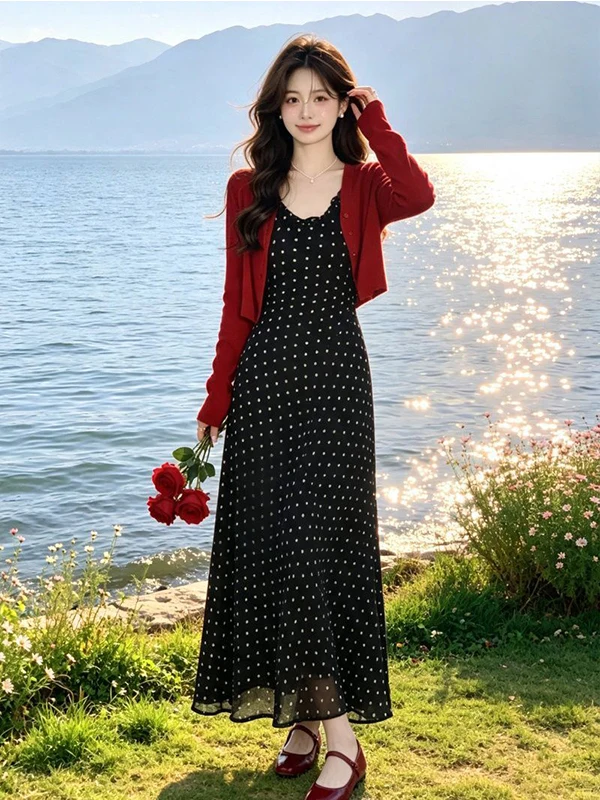 Elegant Red Short Cardigan Dress Women's Fashion Set Autumn 2026 Design Sense Two-Piece Set Casual Style Polyester Fiber