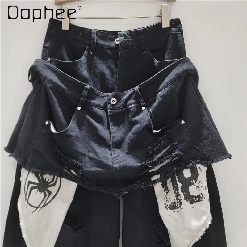 Street Style Design Patchwork Fake Two-Piece Color-Block Denim Cropped Pants American High Street Loose Ripped Straight Pants