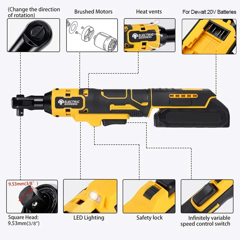 Egod-電気ラチェットレンチ、家庭用自動車修理、多機能ラチェット、デウォルト用電動工具、21vバッテリー、3 "、8"