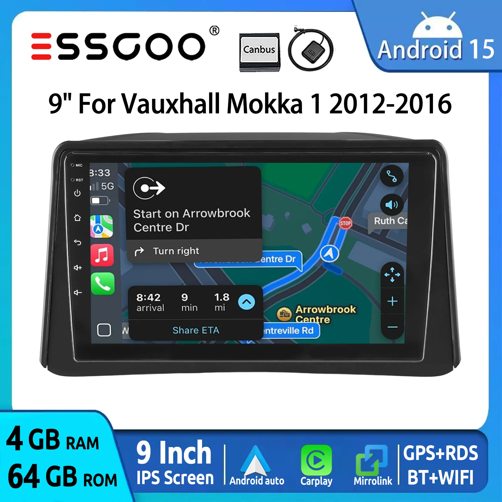 ESSGOO 9" Carplay Android auto For For Vauxhall Mokka 1 2012-2016 Android 15 Car Stereo Radio GPS NAVI WIFI Mirror Link FM BT FM