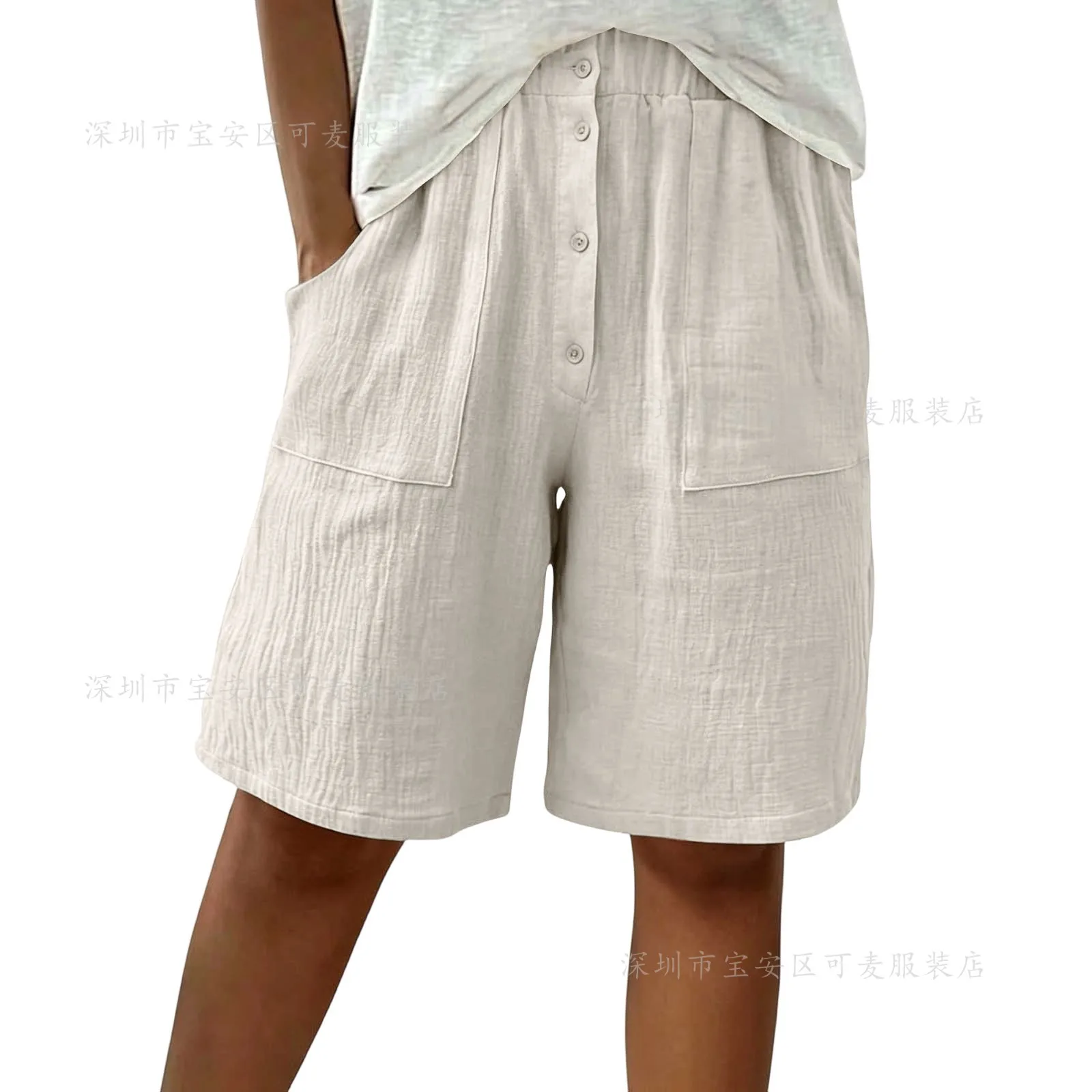 Casual Ladies Textured Linen Bermuda Shorts Elastic High Waist Faux Button Front Loose Knee Length Walking Shorts With Pockets