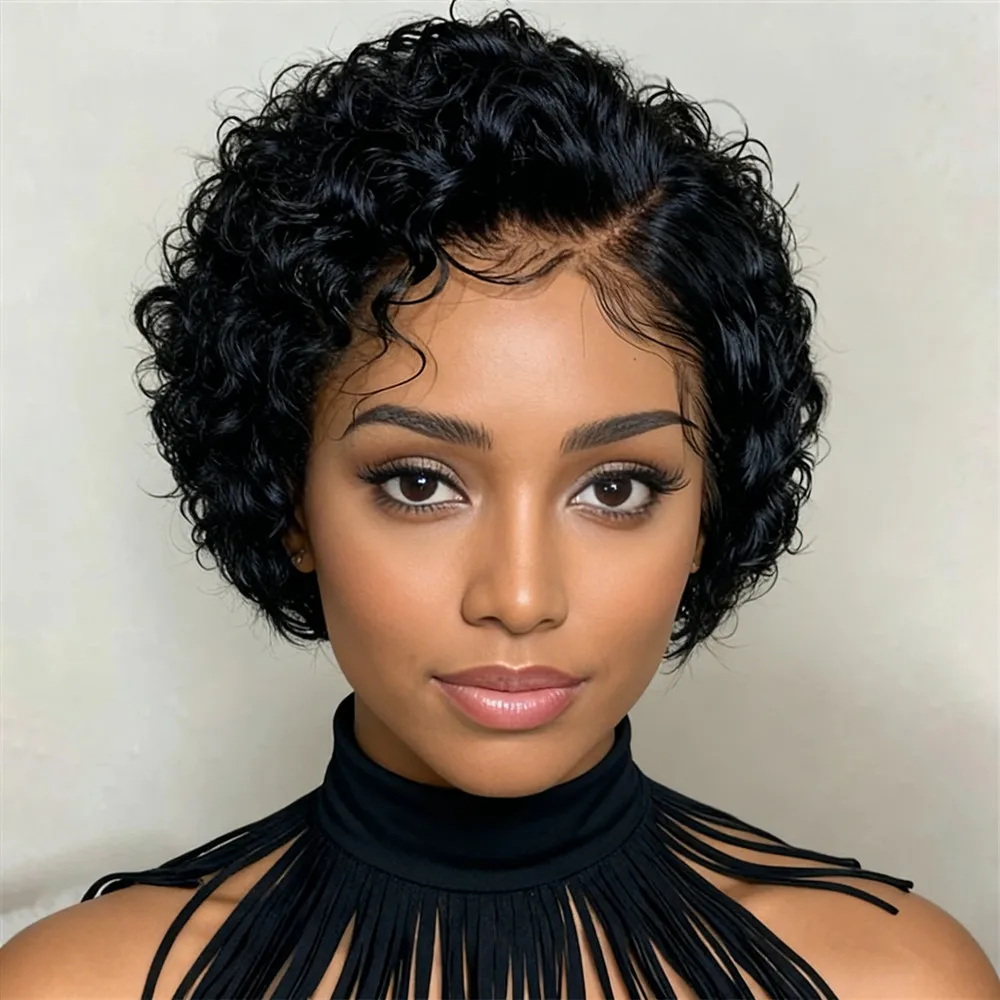 شعر مستعار قصير مجعد بطبقات 13 × 1 على شكل حرف T من الدانتيل باللون الأسود للنساء للاستخدام اليومي للحفلات شعر مستعار بقص عابث شعر مستعار بشري