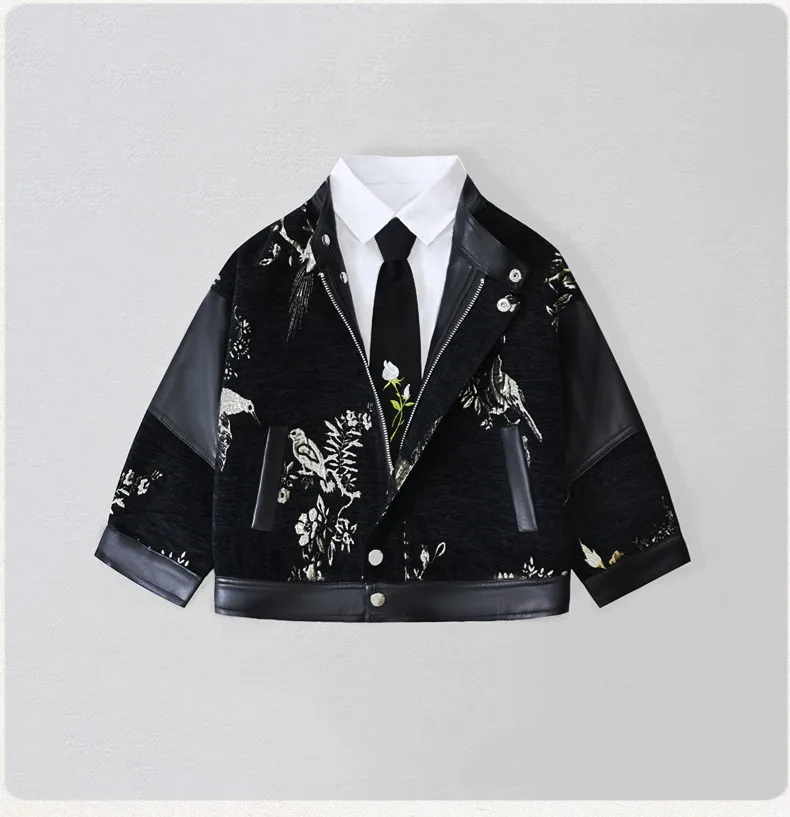 Boys New Year Red Embroidery Motorcycle Pu Leather Jacket Kids Waterproof Windproof Coat Kids Formal Christmas Photography Wear