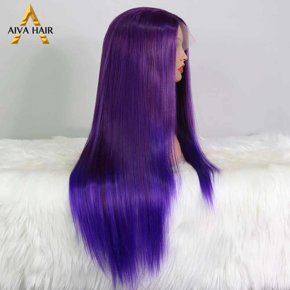 Ombre Purple Color Synthetic 13x4 Lace Front Wigs Long Straight Hair 180 Density High Temperature Cosplay Wigs For Black  Women