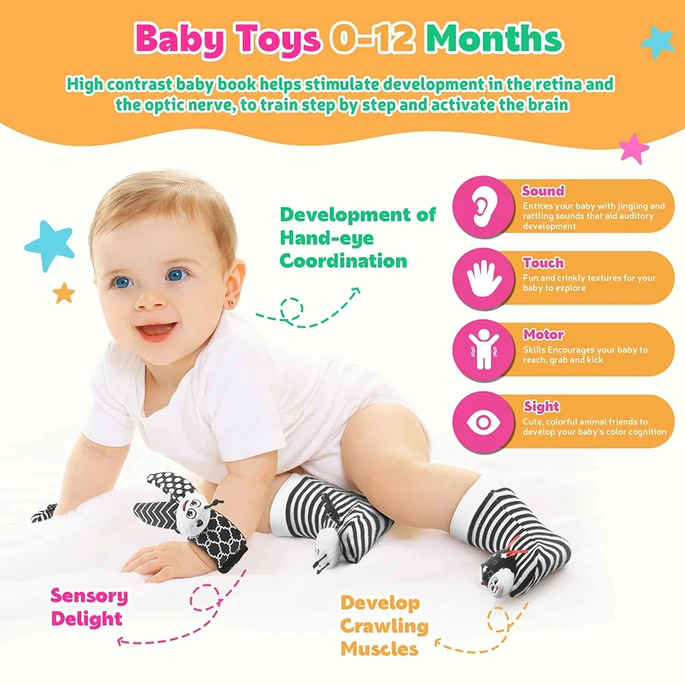Baby Rattle Socks Toys 0 6 12 Months Cute Stuffed Animals Wrist Black and White Newborn Sensory Toys Make Sounds Games