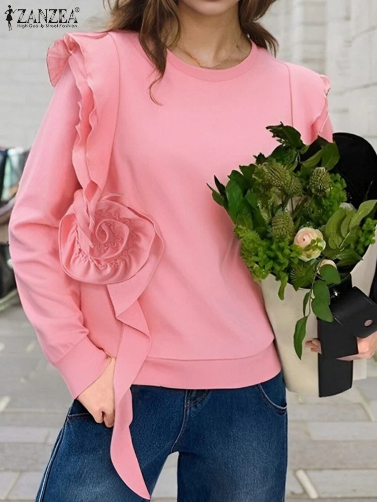 ZANZEA-suéter holgado informal para mujer, jersey liso, sudaderas de manga larga con farol elegante, sudaderas con capucha con costuras 3D florales a la moda 2024