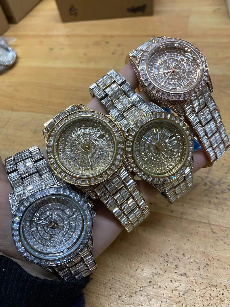 Hip Hop 3A+ CZ Stone Paved Bling Iced Out Stainless Steel Watch Date Quartz Wrist Waterproof Watches  for Men Rapper Jewelry