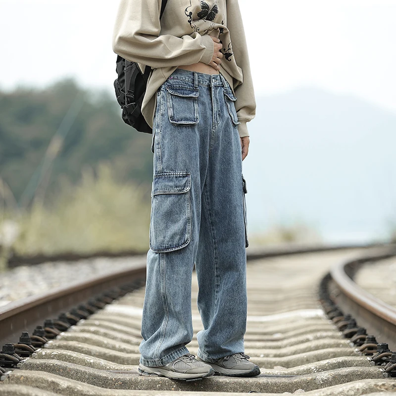 

American Retro Workwear Denim Pants Men's Loose Casual Wide Leg Nine Points Design Multi kets Autumn New Sle Jeans