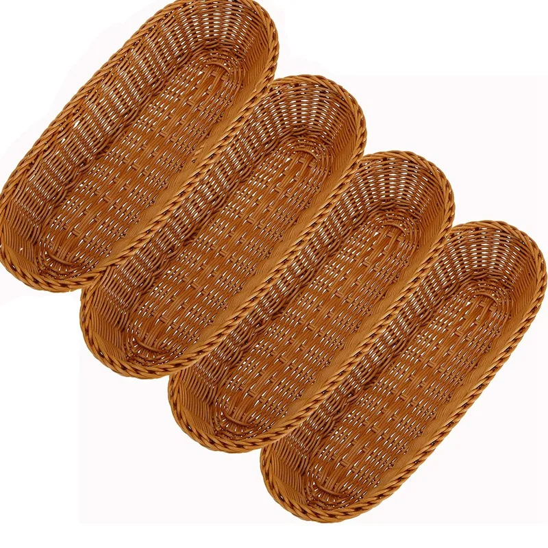 4 Pcs Imitation Rattan Woven Bread Baskets, Woven Food Serving Tray, Baking Display Bread Poly-Wicker Bread Basket