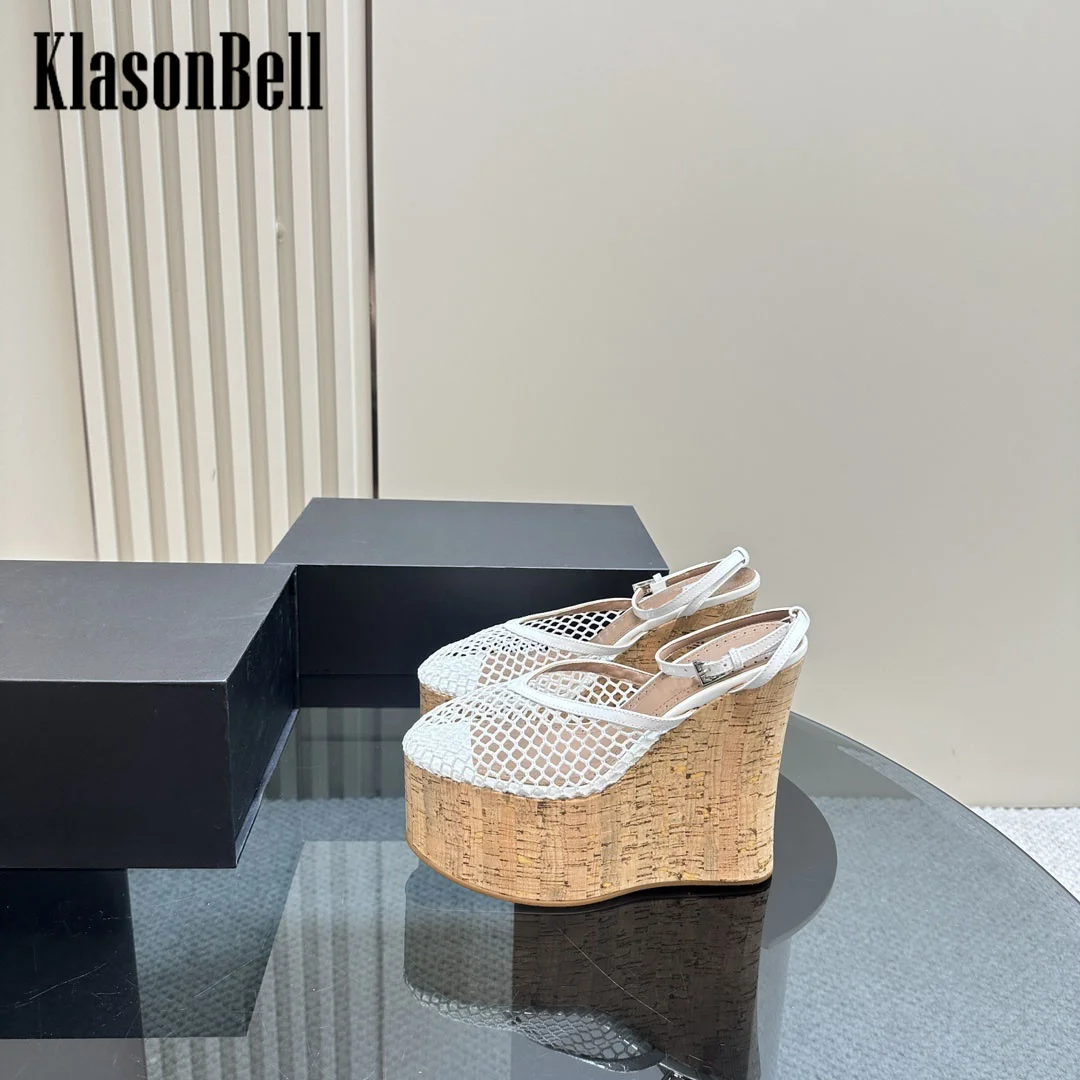 7.22 KlasonBell Women Fashion Thick Sole Mesh Sandals Wedges Heel Patent Leather Buckle Strap Sandals