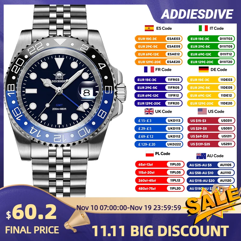 

ADDIESDIVE Men’s Quartz Watches New AD2050 GMT Movement Analog Wristwatch BGW9 Luminous 200m Waterproof Dive Sports Watches