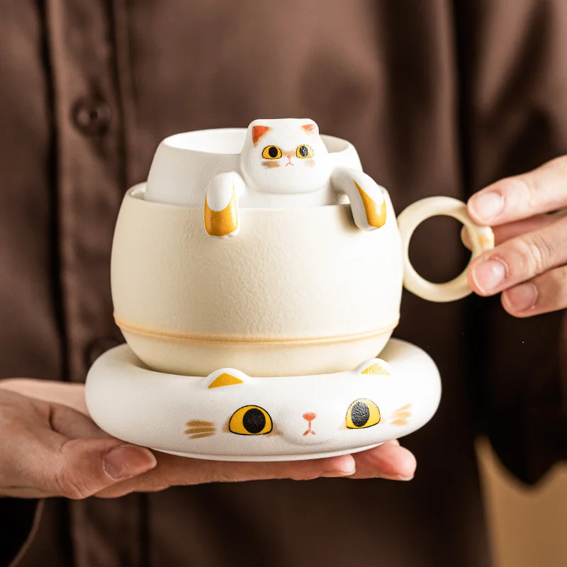 Yellow Cat Mug with Lid Office Tea Cup Tea Water Separation Women High-Looking Cup Ceramic