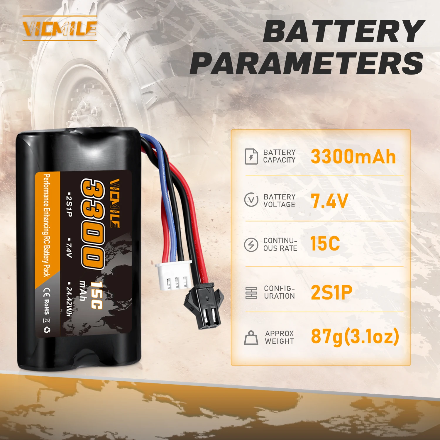 VICMILE 7.4V Li-ion Battery 3300mAh High Capacity RC with SM-2P Plug 2S Rechargeable Battery Fit for MN WPL RC Car Trucks and RC