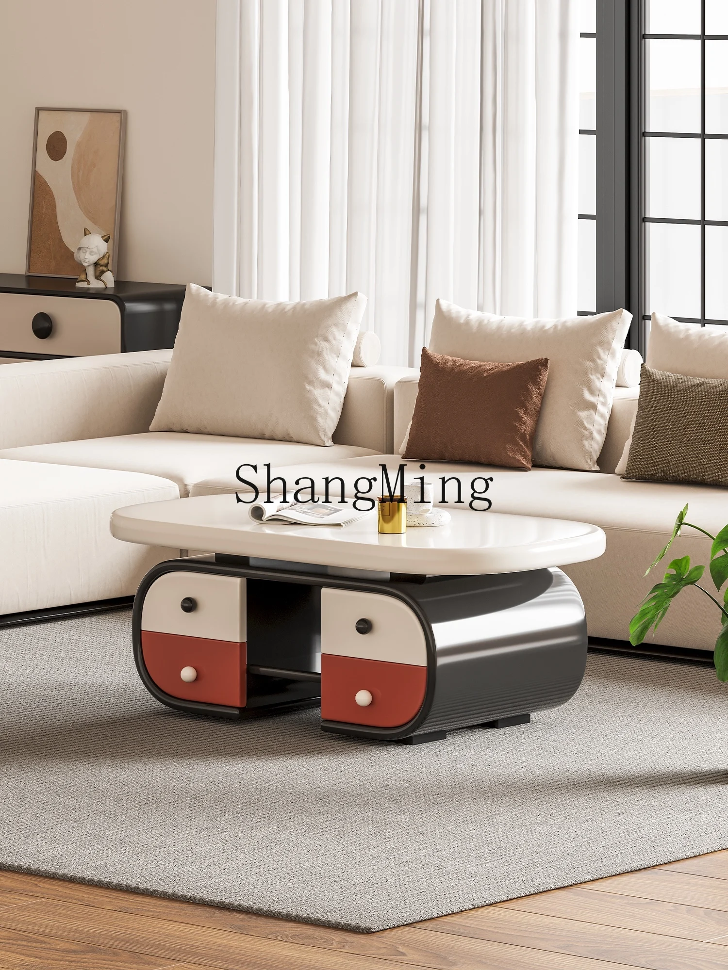 

CL color matching coffee table living room household cream wind square round light luxury storage double-sided drawer tea table