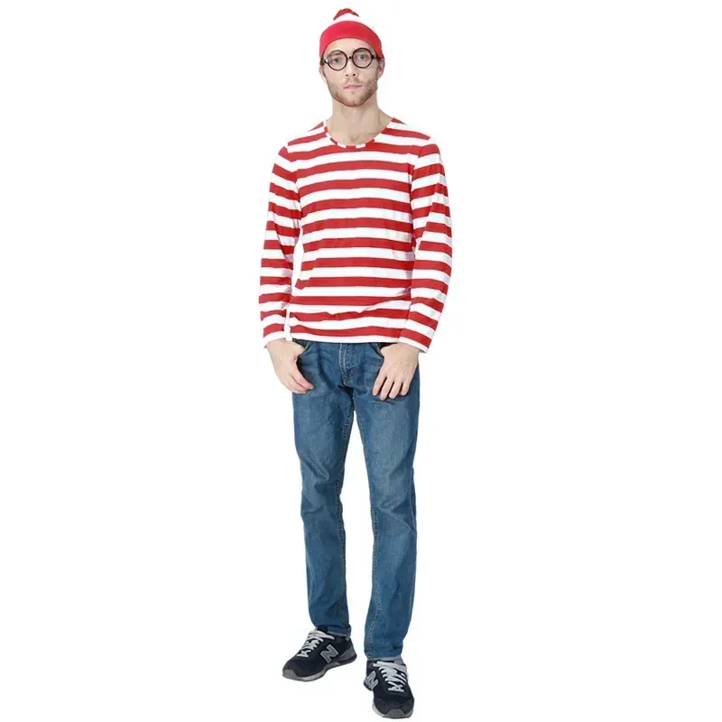 Disfraz de Waldo para Niños y Padres, Disfraz de Dibujos Animados de ¿Dónde Está Waldo?, Disfraz de Cosplay para la Semana del Libro, Camisa a Rayas, Sombrero, Gafas, Disfraz Navideño, Cosziy