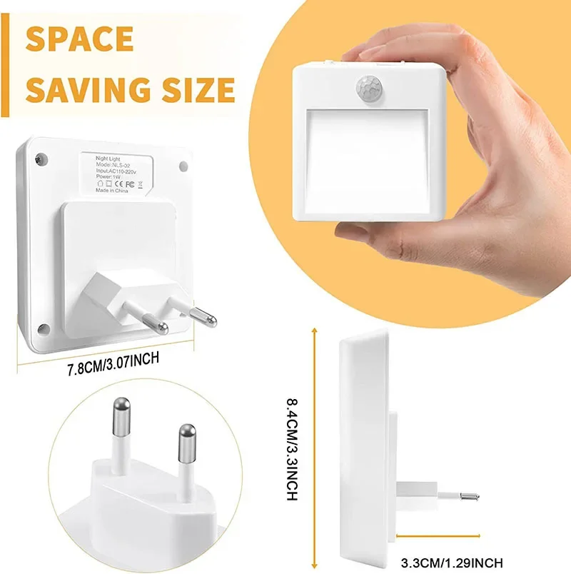 Luces nocturnas con Sensor de movimiento, blanca cálida luz ambiental, LED regulable con enchufe de EE. UU., UE, Reino Unido, AU, 2 en 1, dormitorio, sala de estar, inodoro, escaleras