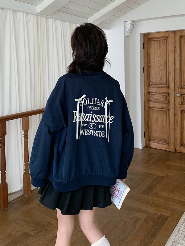 Jaqueta de Baseball Bordada Azul para Mulheres, Estilo Casual, Nova Coleção Primavera 2025, Casaco Anti-envelhecimento