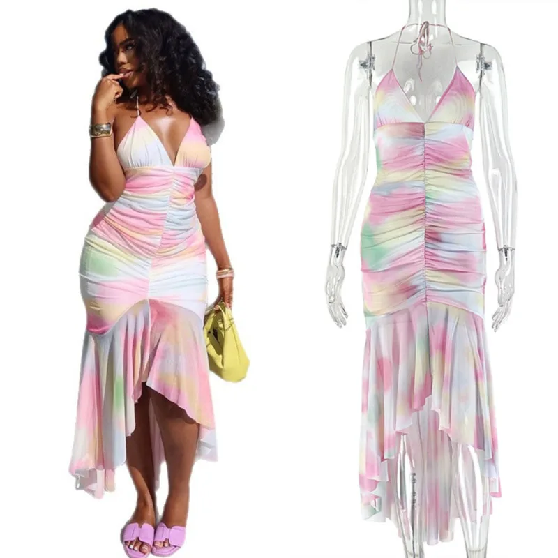

Summer Gradient Print Ruched Bodycon Maxi Dress For Women VNeck Colorblock Halter Sleeveless Slim Fit Streetwear Vacation Outfit