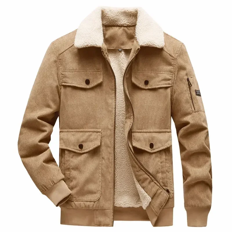 Luxury Winter Warm Jackets Lamb's Wool Padded Men Military Multi-pocket Corduroy Thick Coat Zipper Long Sleeves Outerwear Korean
