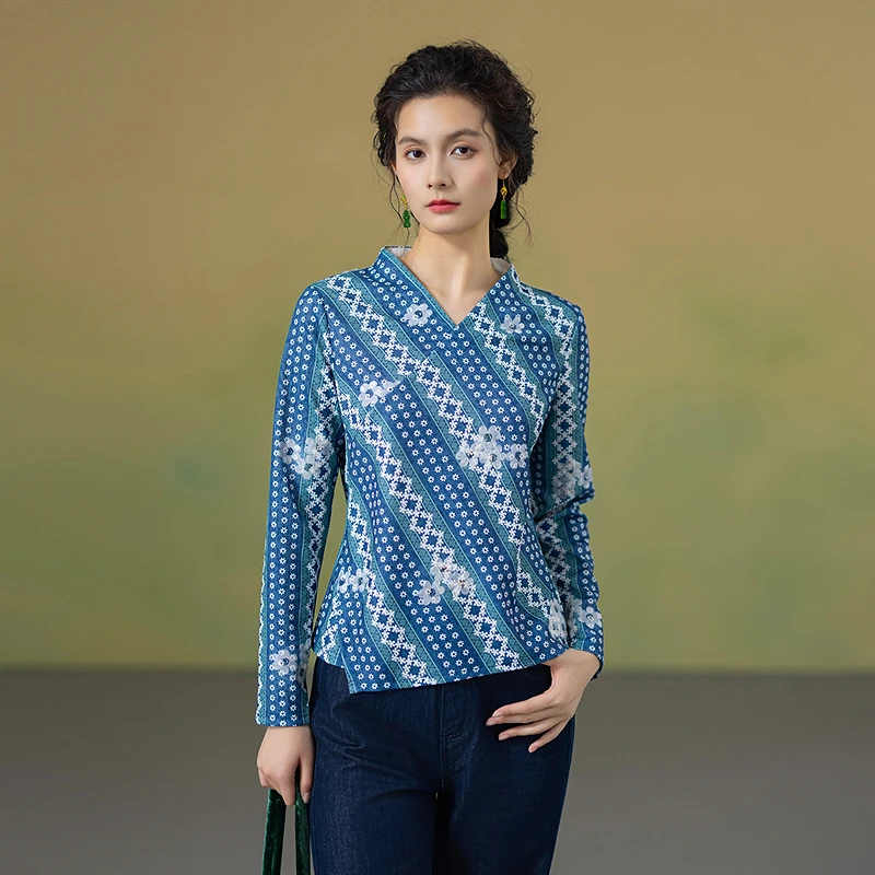 

Slimming Embroidered T-irt Women's Faion Vintage Sle Polyester Long Sve V-Ne Regular Fit Autumn New Arrival