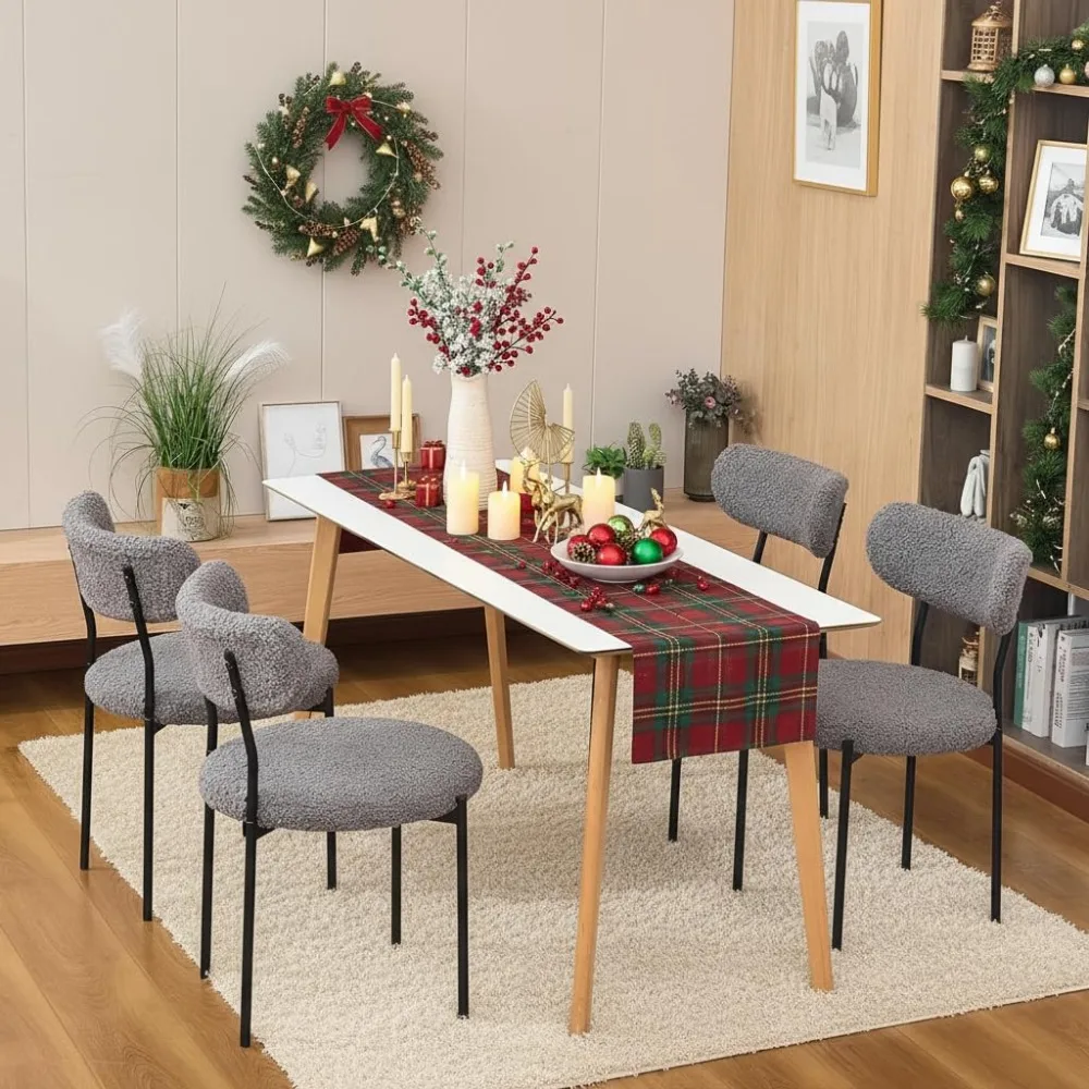 Boucle Dining Chairs,Holiday Chairs, Round Widened Upholstered Chairs, Modern Mid Century Style, Sturdy and Comfy with Black Met