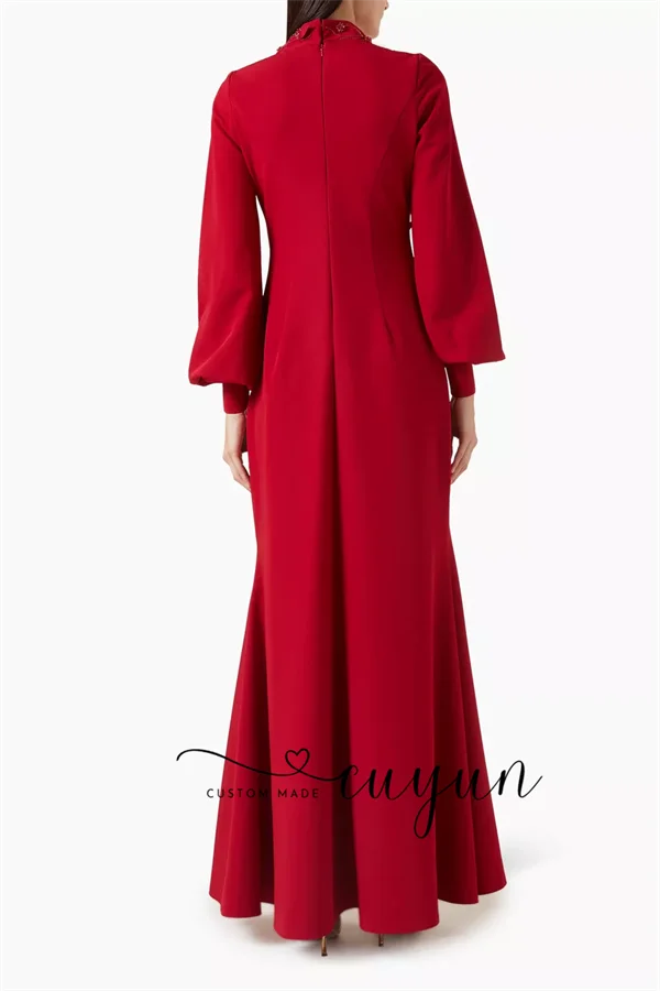 CUYUN – robe de soirée personnalisée, ornée de perles rouges, col en v, manches longues, modeste, élégante, longue robe formelle, vêtements d'invité pour fête de mariage