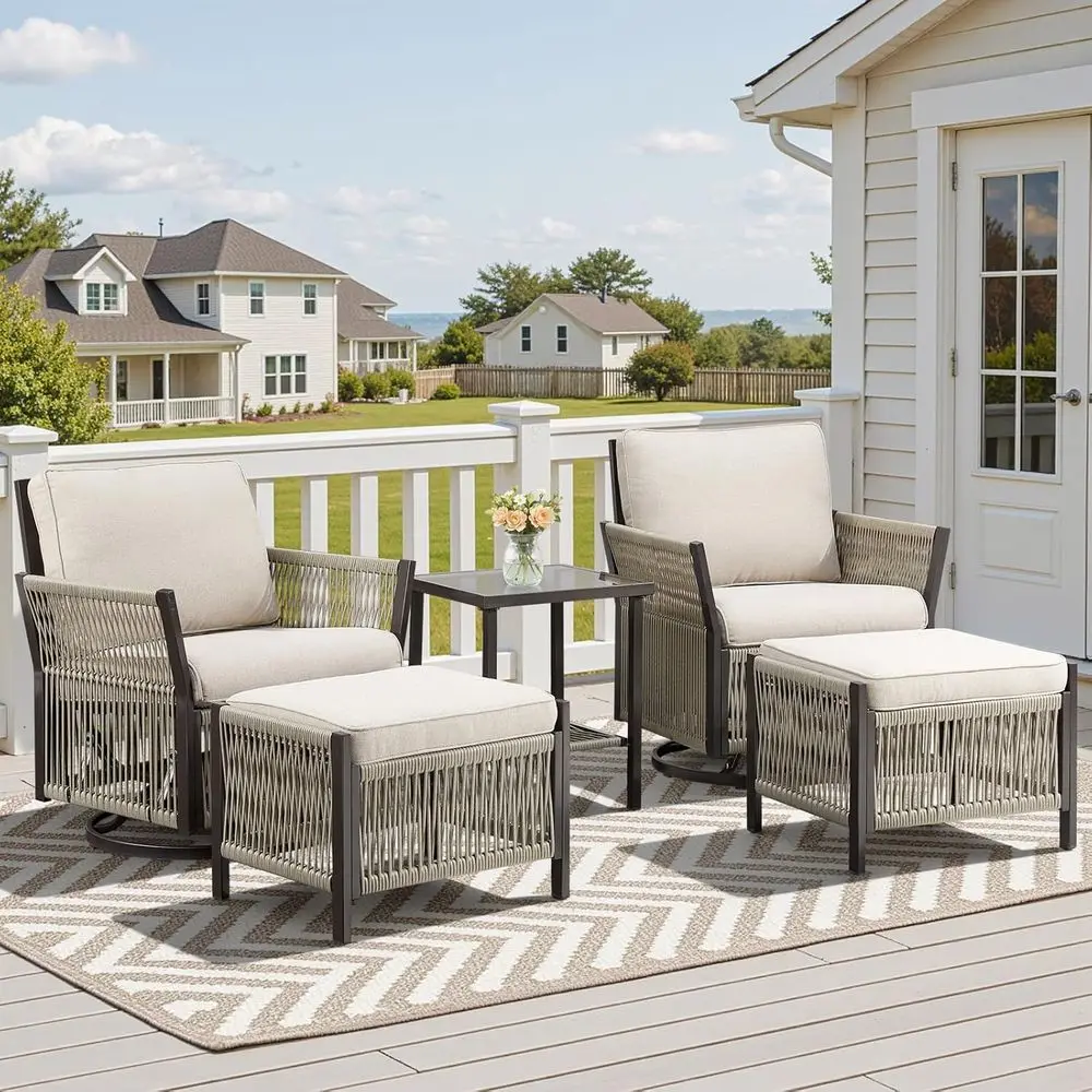 5-Piece Wicker Patio Furniture Set with Swivel Rocker Chairs, Side Table, and Ottomans for Outdoor/Indoor Use (Beige)