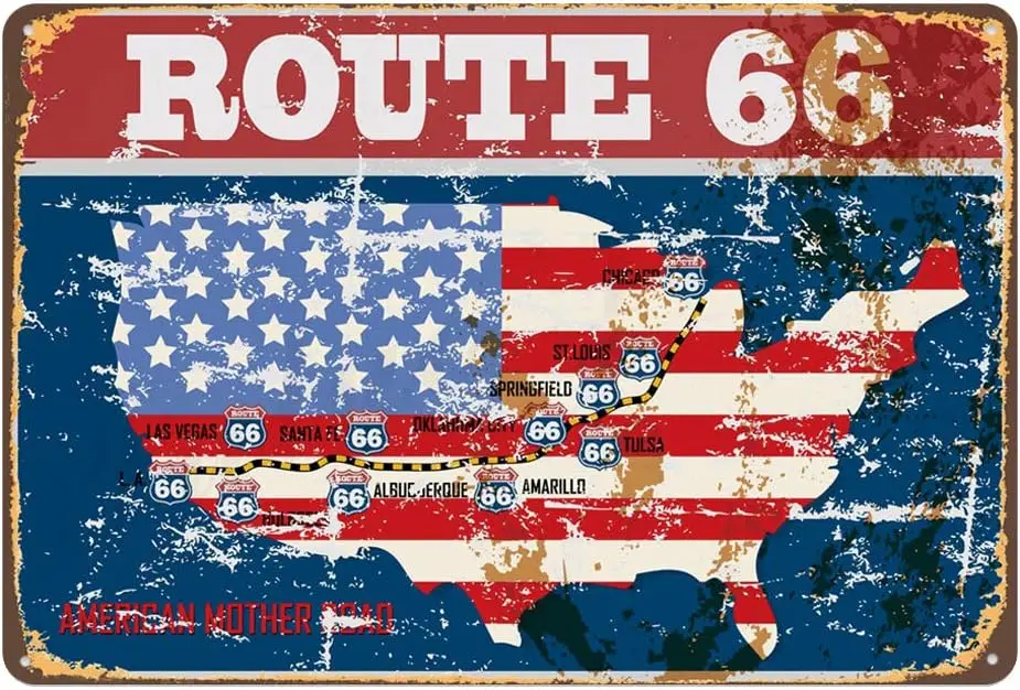 Original Retro Design Route 66 Tin Metal Wall Art Signs, Thick Tinplate Wall Decoration Print Poster (8