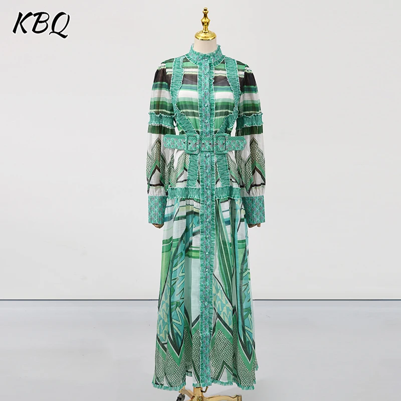 

KBQ Hit Colot Print Chic Elegant Dresses for Women Stand Collar Lantern Sleeve High Waist Patchwork Belt Prom Dress Female New