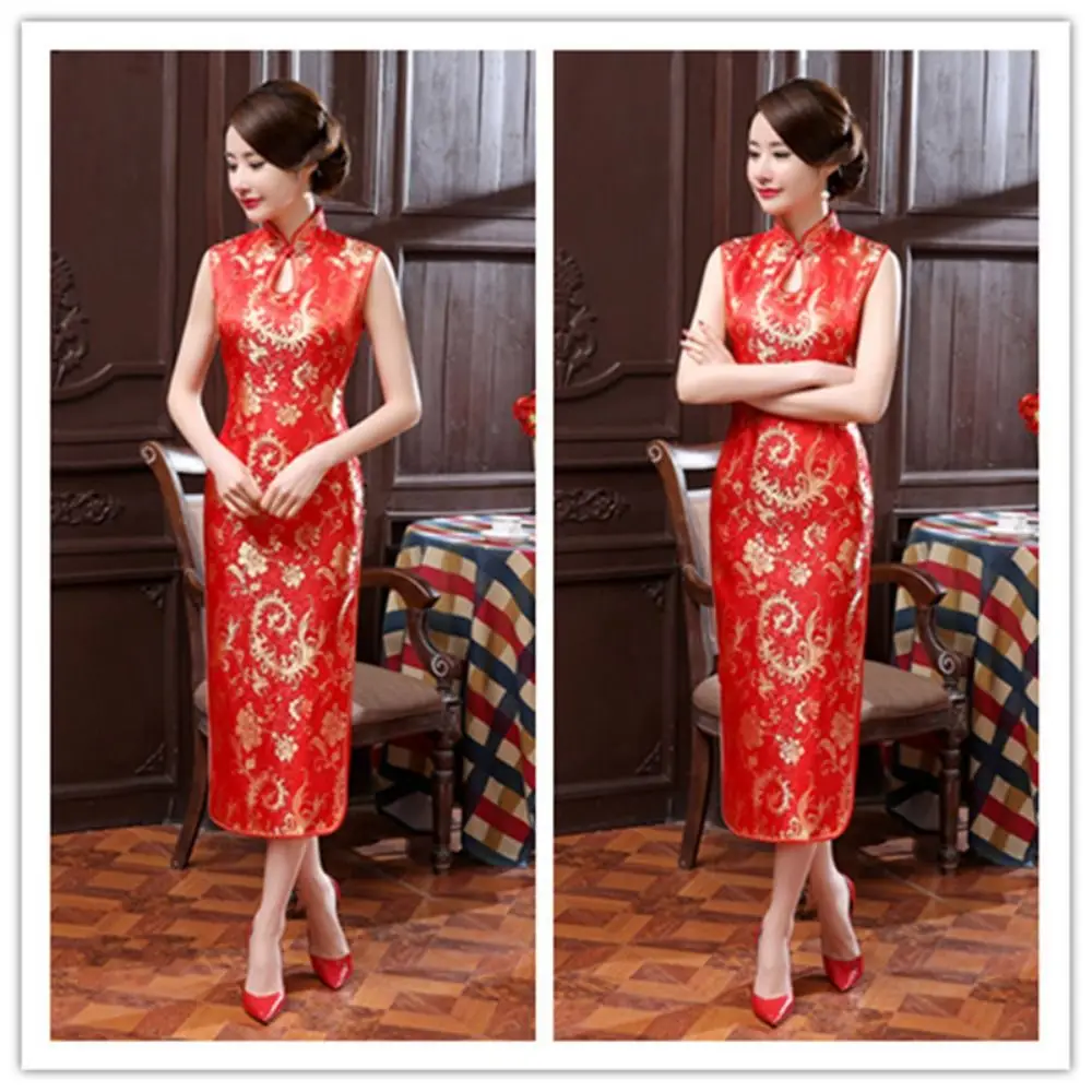 Abiti cheongsam con stampa floreale Colletto alla coreana Abiti aderenti vintage Abito da sera tradizionale con maxi spacco laterale