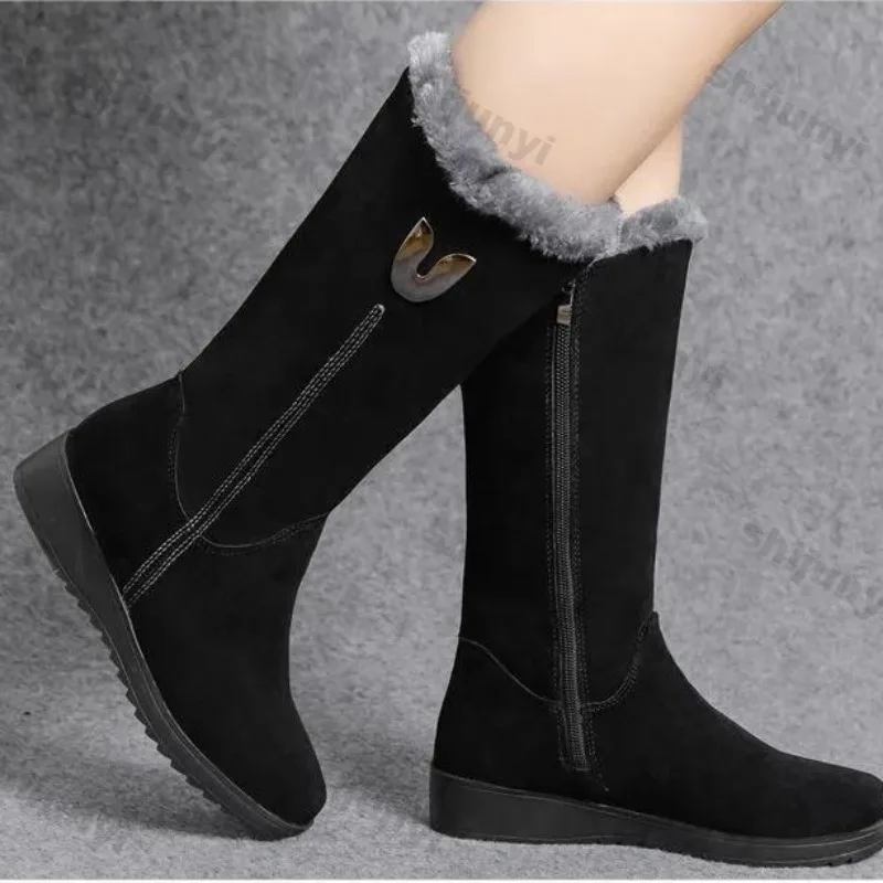 Women\'s Cotton Boots Winter 2024 Snow Boots Plush Midsole Wedges Anti Slip Warm Side Zipper Anti Cold Cotton Boots Botas Mujer